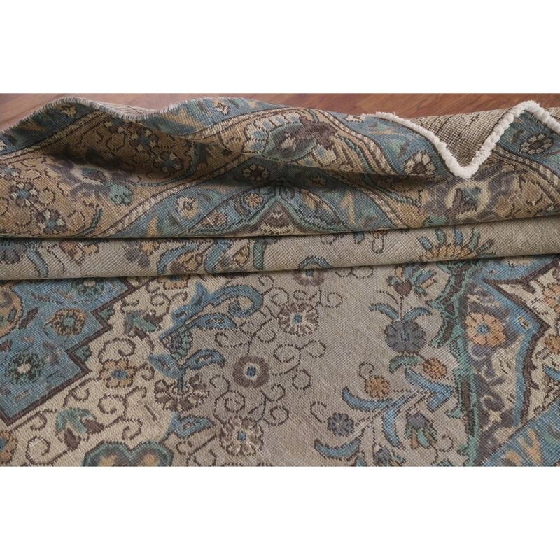 Hand Knotted Oriental 100% Wool Carpet Traditional Floral Beige & Ivories Tabriz Area Rug - 9' 5'' X 6' 5''