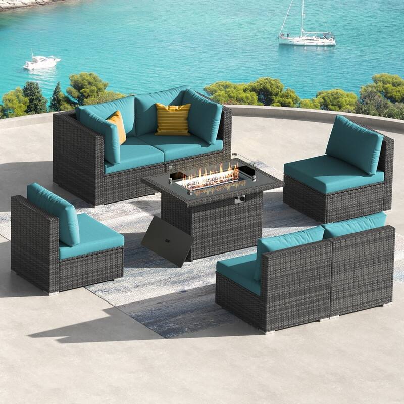 7 Piece Outdoor Sectional Modular Wicker Patio Conversation Set with 43'' Fire Pit Table and Cushion - Teal