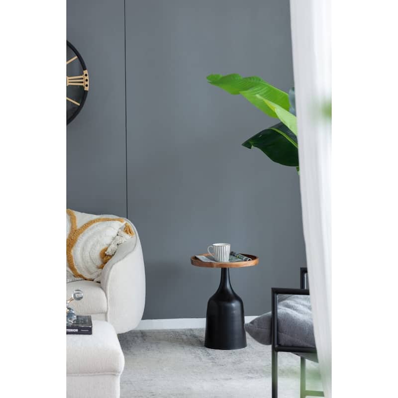 Retro Round Side Tables With Metal Base 19.5" Black and Brown 2Ct