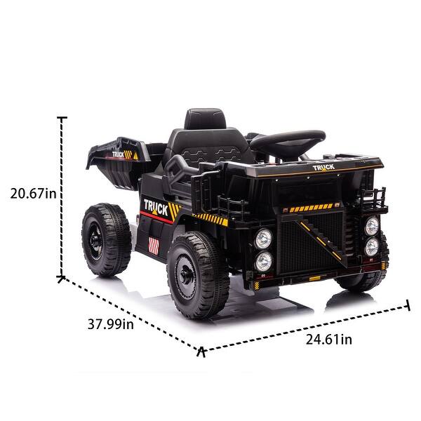 dimension image slide 2 of 4, 12V Kids Ride-On Dump Truck with Remote Control, USB, Bluetooth, and Electric Dump Bed