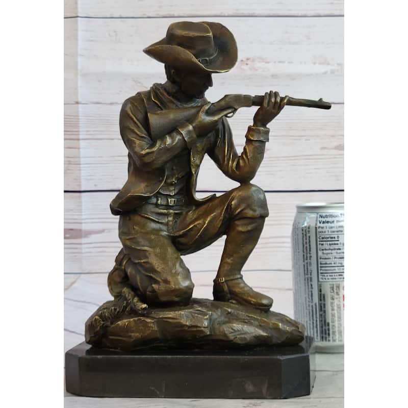 Bronze Figure Of A Kneeling Ranger With Rifle Cowboy Theme Sculpture Statue 11 Inches X 8 Inches