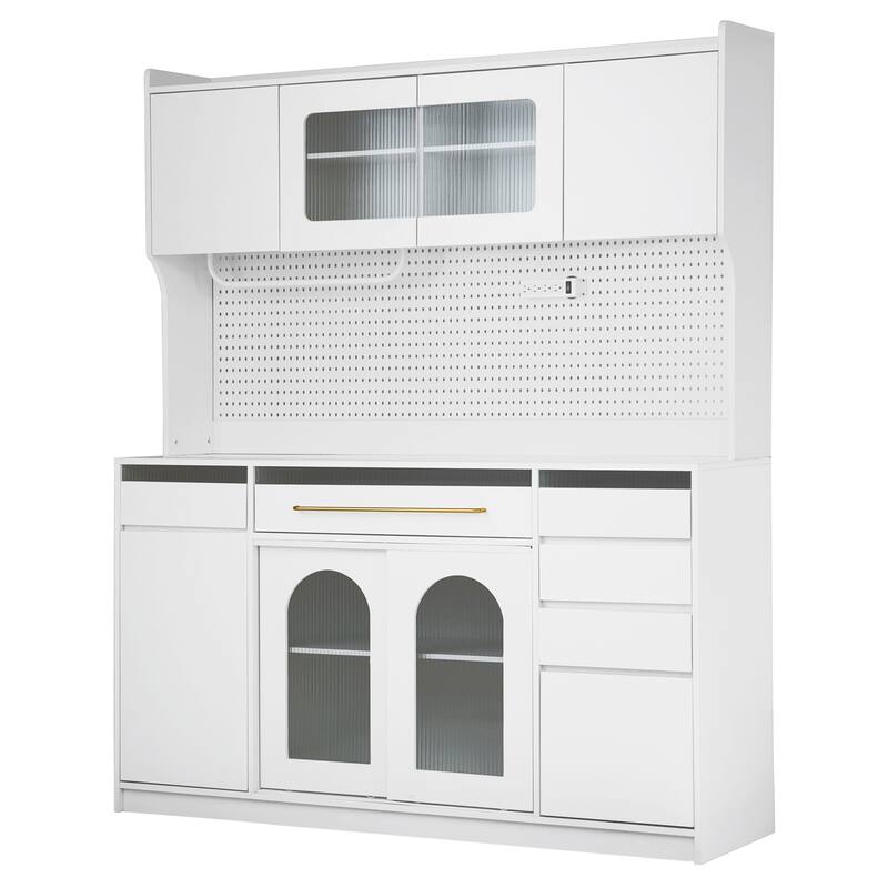 63" Buffet Cabinet with Hutch and Power Outlet, Large Coffee Bar Storage with Drawers, Adjustable Shelves & Pegboard