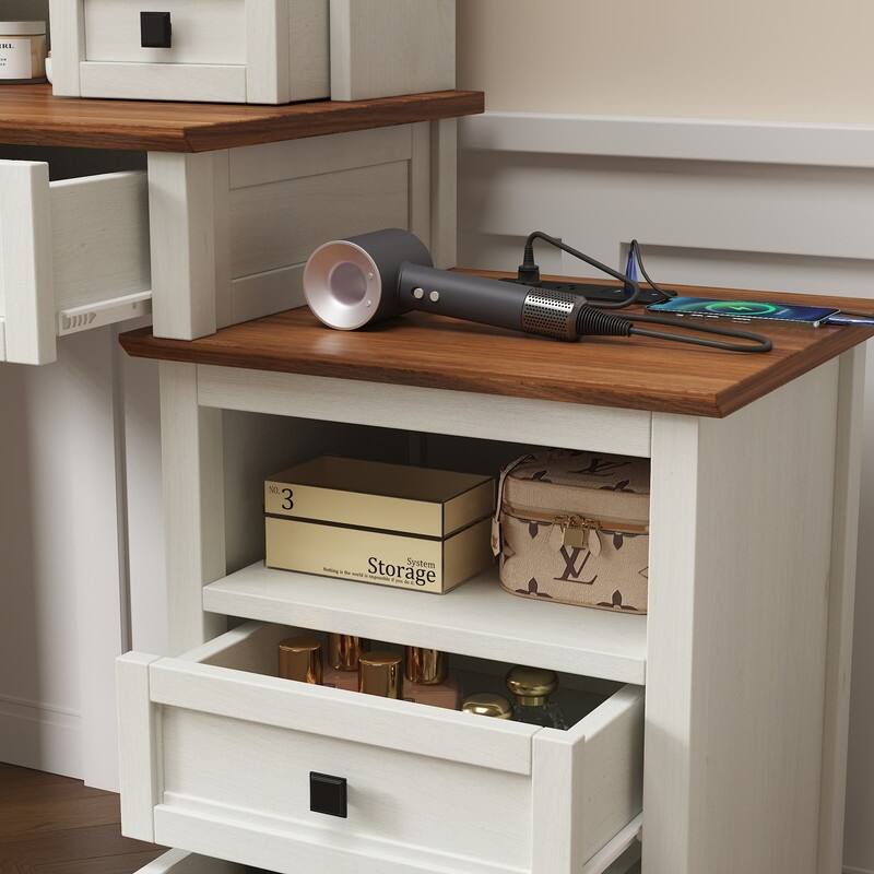 46.5'' Farmhouse Makeup Vanity Desk with Adjustible LED Lighted Mirror and Charging Station, Stool for Bedroom