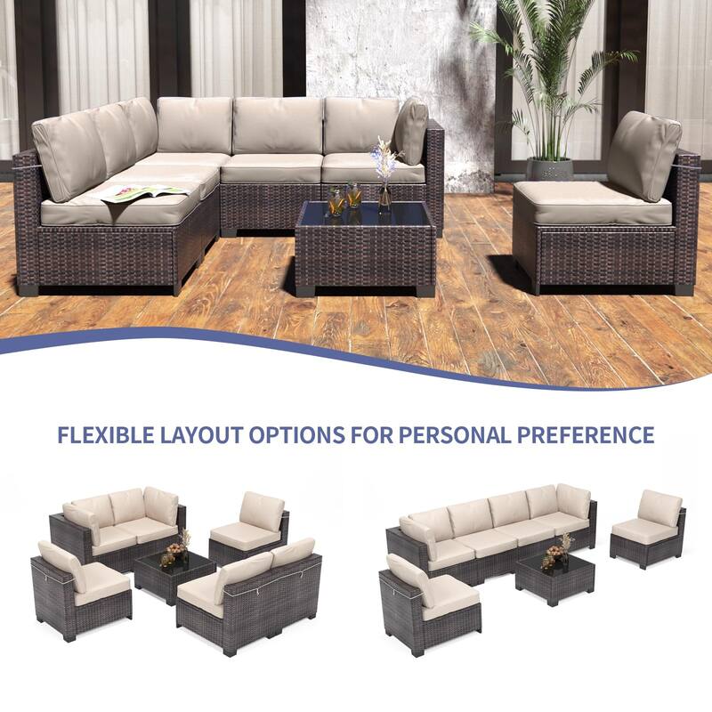 Patio Funiture Set 7 Pieces Outdoor Rattan with Detachable Soft Cushions Patio Conversation Sets