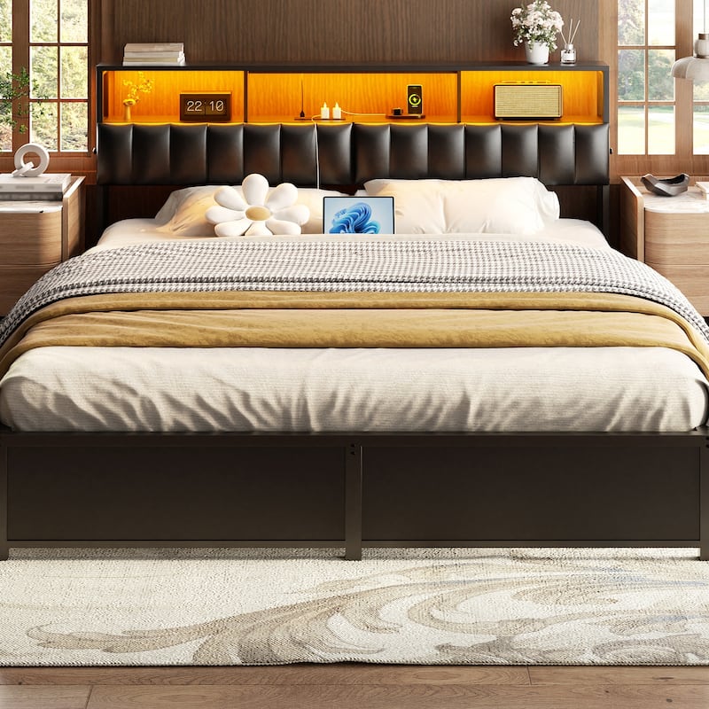 Upholstered Headboard with Hidden Drawer, Head Board with Power Outlet and LED Light