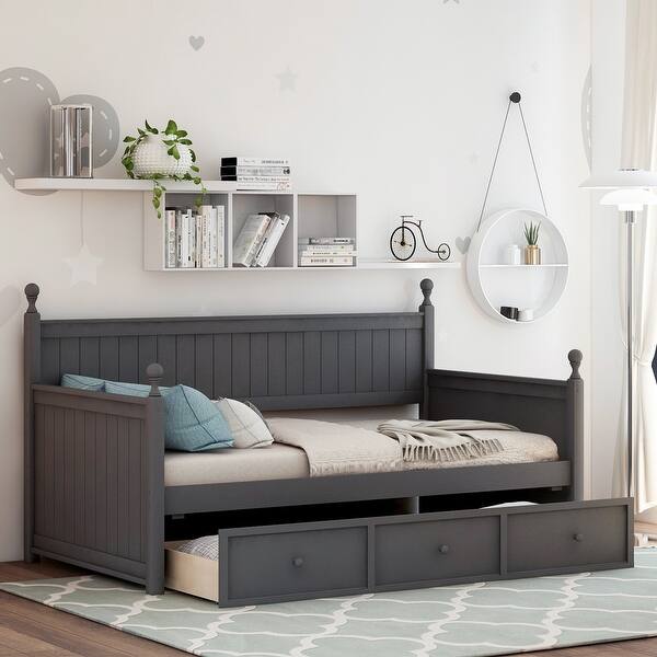 slide 2 of 18, Twin Size Stable and Classic Bed Frame Daybed with Three Drawers, No Box Spring Needed,Underbed Storage Grey