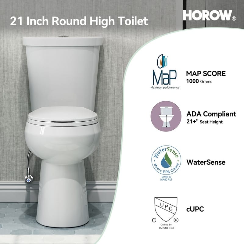 HOROW 21 in. Extra Tall 2-Piece Round Toilet in White with Comfortable Chair Height Seat and 1000g Powerful Flush - 21 Inch