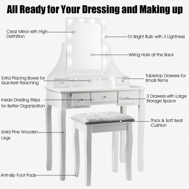 Vanity Dressing Table Set with 10 Dimmable Bulbs and Cushioned Stool - 31.5" x 16" x 53"(L x W x H)