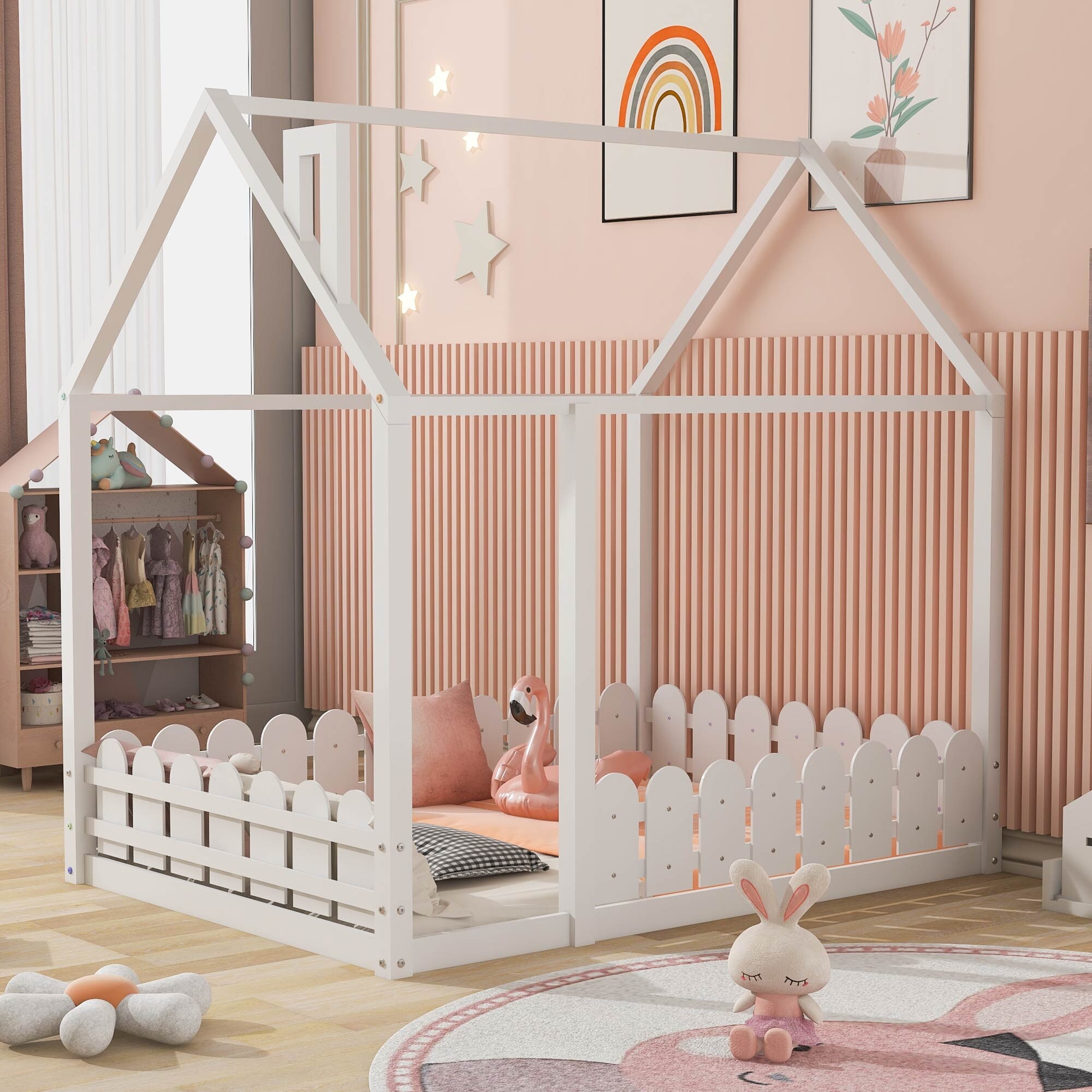 Full Size Montessori Bed Wooden Playhouse Platform Bed Frame with Fence Shaped Guardrails for Kids Teens Box Spring Required Bed Bath Beyond 38929956