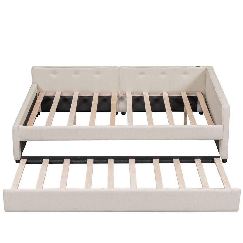 Full Size Upholstered Platform Bed Frame with USB Ports and Twin Size Trundle, No Box Spring Needed, Bedroom Furniture