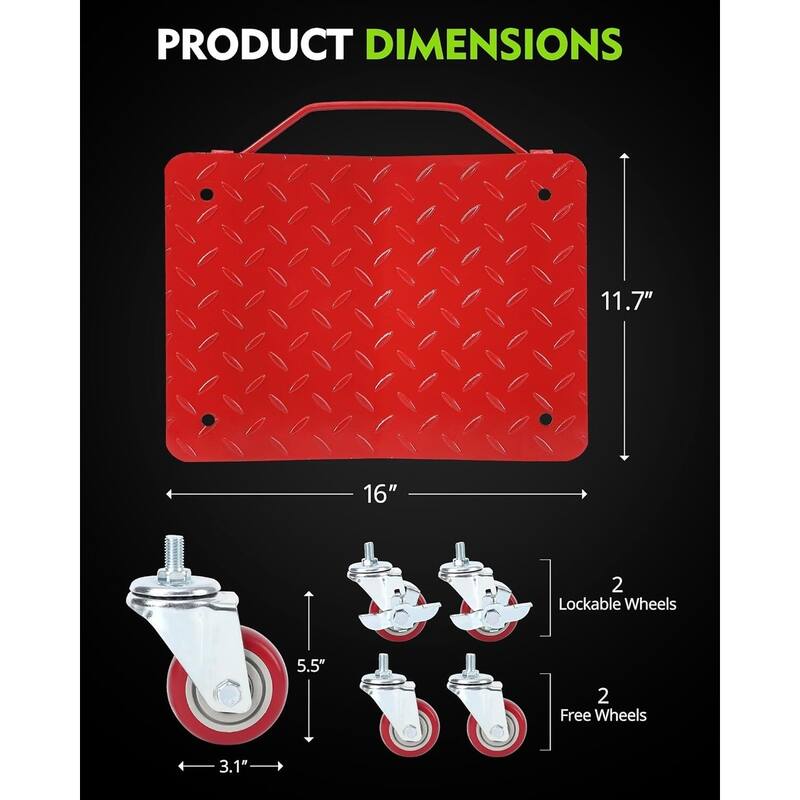 4-Pack Car Wheel Dolly Set 16 x 13 in Heavy-Duty Carbon Steel with Anti-Skid Plate Red