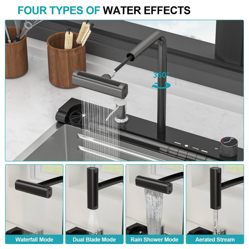 30" Drop-In 16 Gauge Single Bowl Stainless Steel Smart Digital Kitchen Sink with Faucet in Brushed Nickel - 30'' x 19'' x 9''