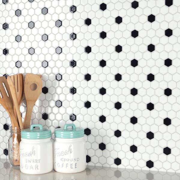 slide 2 of 11, Merola Tile Metro 1" Hex Glossy Wht w/BlkDot 10-1/4"x11-7/8" Porcelain Mosaic Tile
