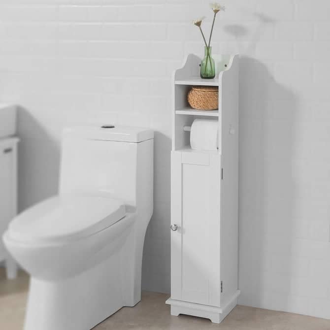 Haotian FRG177-W, Free Standing Bathroom Toilet Paper Roll Holder Storage Cabinet - White - White - White