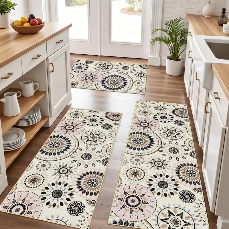 Boho Kitchen Rugs Non-Slip Washable Farmhouse Kitchen Mat 3 Piece Set - 20"x32"+20"x48"+20"x59" - Beige