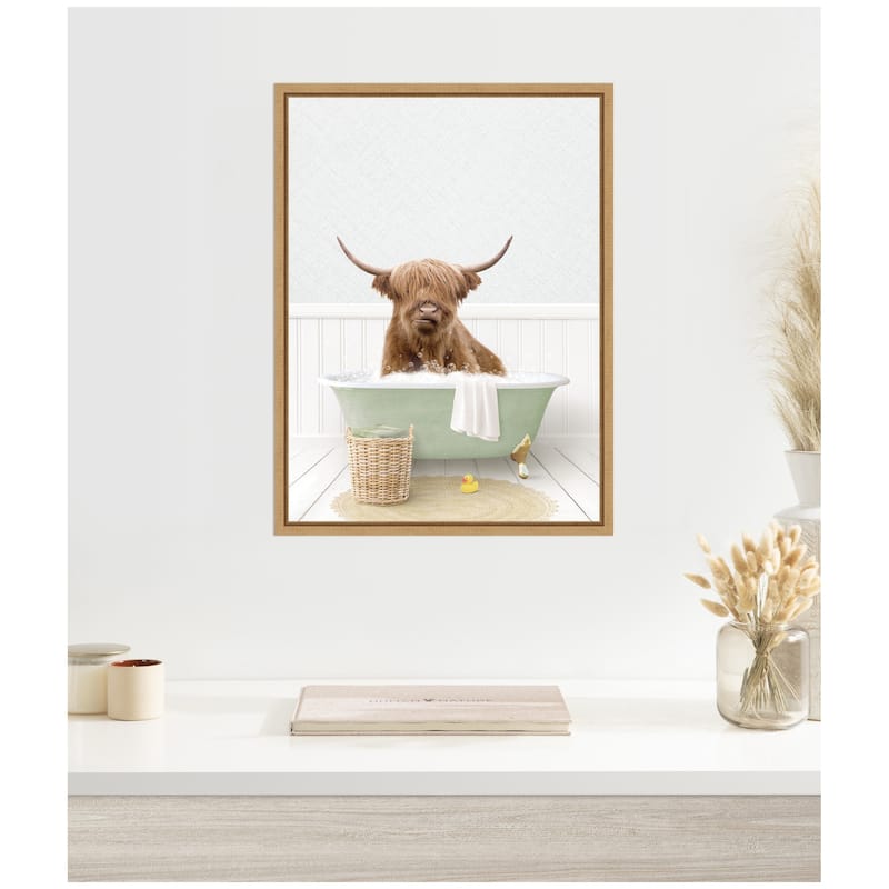 Kate and Laurel Sylvie Highland Cow in Cottage Green Bathtub Framed Canvas by Amy Peterson