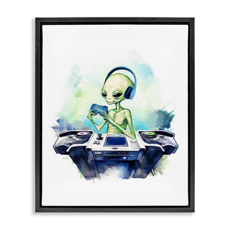 Stupell Tech Alien Playing Video Games Framed Floater Canvas Wall Art Design By Lil' Rue - 17 x 21 - Black