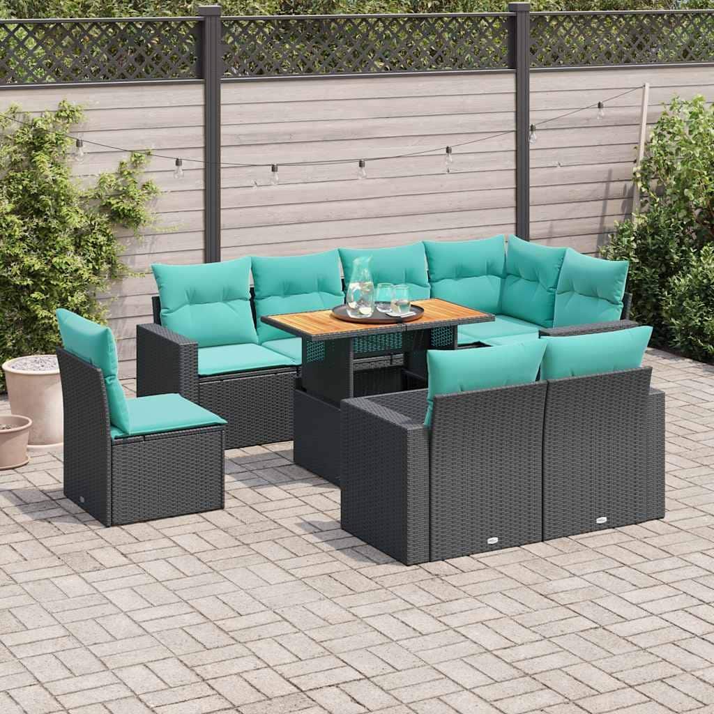 vidaXL 9 Piece Patio Sofa Set with Cushions Black Poly Rattan - 21.7 x 24.4 x 27.2