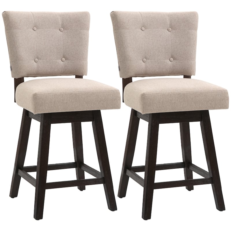 HOMCOM Swivel Bar Stools Set of 2, Fabric Tufted Counter Height Bar Stools with Rubber Wood Legs and Footrest for Dining Room