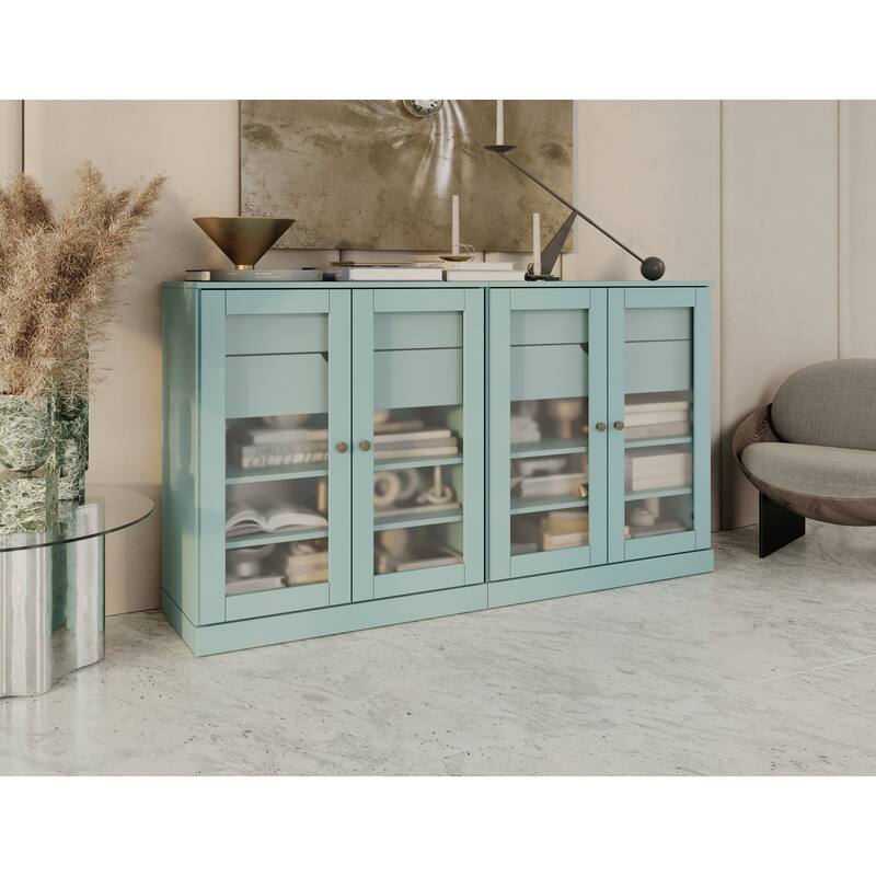 Palace Imports 100% Solid Wood 64" Sideboard with Frosted Glass Doors, 4-Drawers and Adjustable Shelves - Aqua Blue