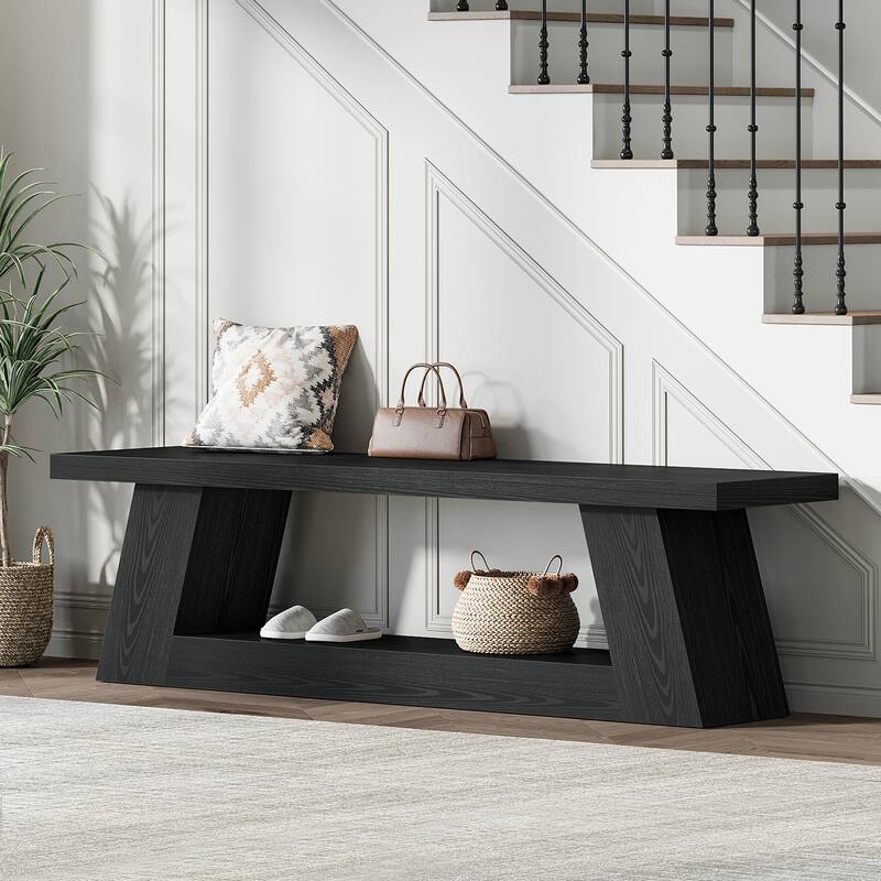 Wooden Entryway Bench with Storage Shelf, 63" Rustic Extra Long Bench