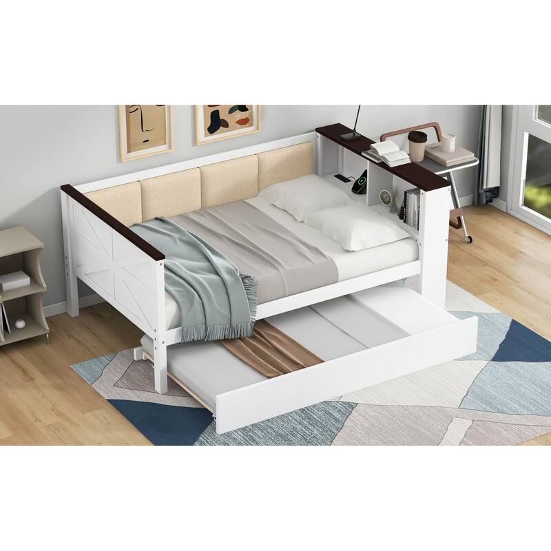 Roomfitters Twin/Full Wood Daybed with Storage Shelves, USB Ports and Trundle, White