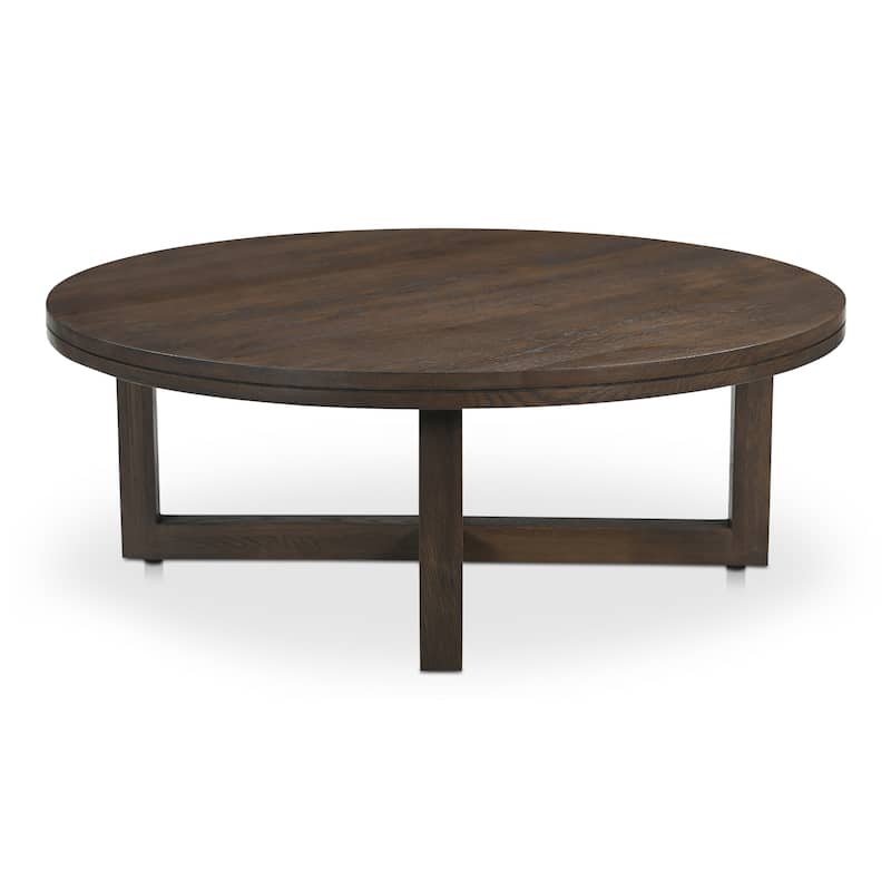 NADAAL STUDIOS Arlisse Coffee Table, Round Top, Solid Oak, Dual‑Layer Top with V‑Groove Iron Crisscross Base, Dark Brown