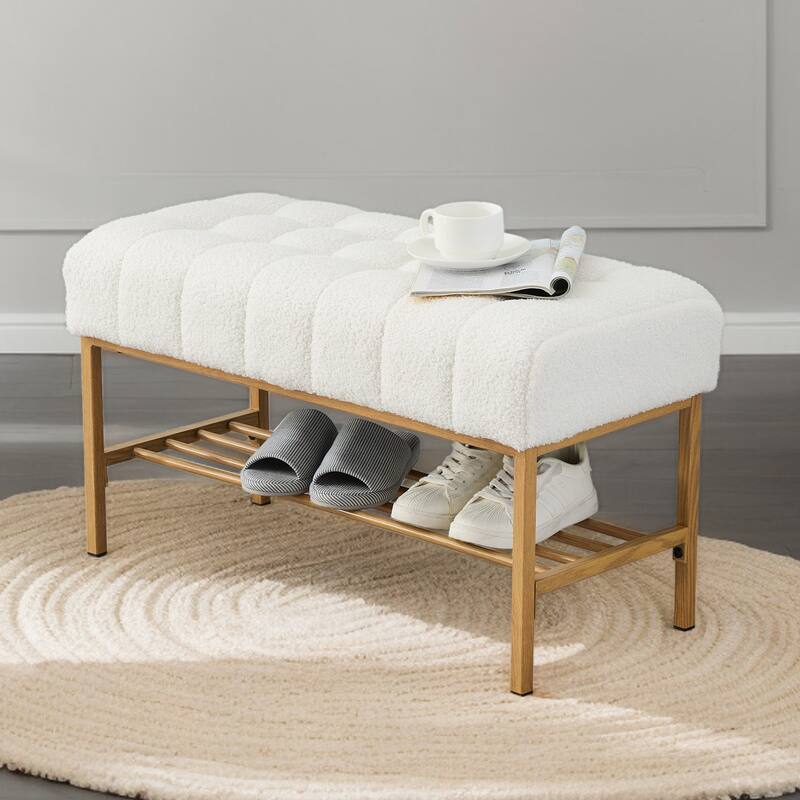 Entryway Storage Shoe Bench,Modern Upholstered Storage Bench with Shelf - White