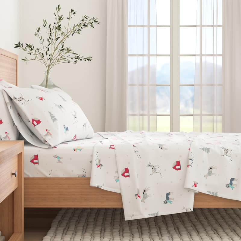 Linery & Co. Turkish Cotton Double-Brushed Printed Flannel Bed Sheet Set - Full - Pups in the Snow