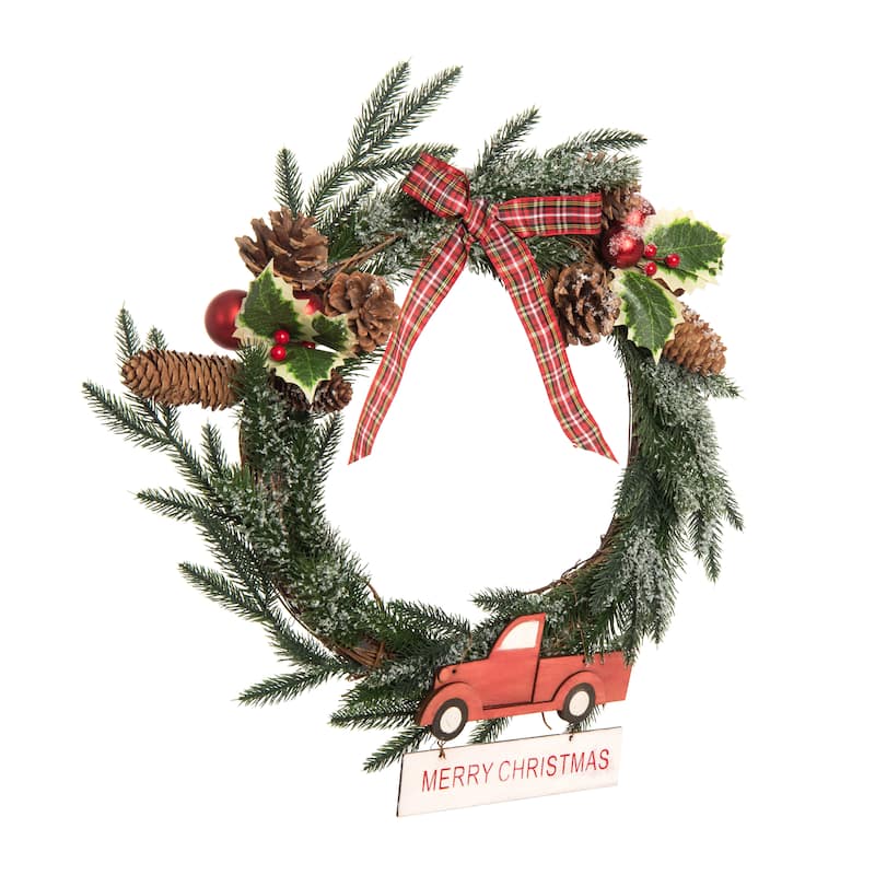 Transpac Artificial 17.72 in. Multicolor Christmas Truck and Checkered Ribbon Wreath