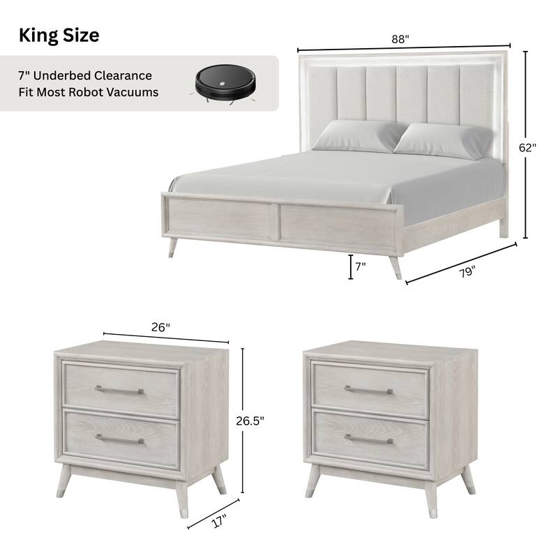 Roundhill Furniture Seluna 3-Piece Bedroom Set with Touch LED Lighting, Gray Oak Finish