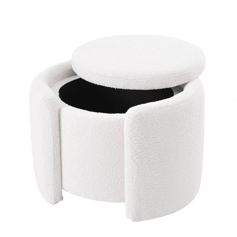 Round Ottoman teddy fleece cushioned footpads living room and bedroom footstool with storage space