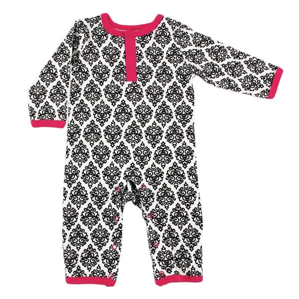 slide 1 of 1, Yoga Sprout Baby Girl Cotton Coveralls 1pk, Damask 0 - 3 Months - Black/Pink