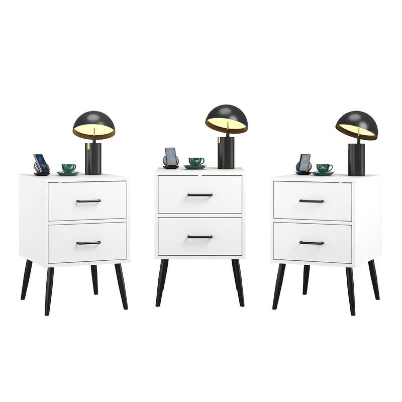 Anmytek 2-Drawer White Nightstand Modern Bedside Table with Metal Legs and Handles