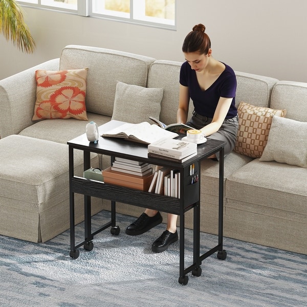 slide 2 of 8, HOMCOM Small Folding Desk, Rolling Computer Desk Foldable with Storage Bag and Shelf, 31.5" Portable Writing Table on Wheels Black