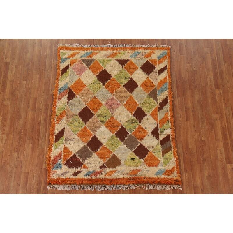 Hand Knotted Oriental 100% Wool Carpet Modern Geometric Oranges & Rust Moroccan Area Rug - 6' 4'' X 5' 2''