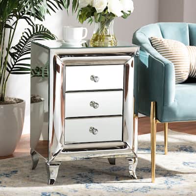 Mirrored Nightstand 3 Drawer Bedside Table Cabriole Legs Crystal Knobs 26" High