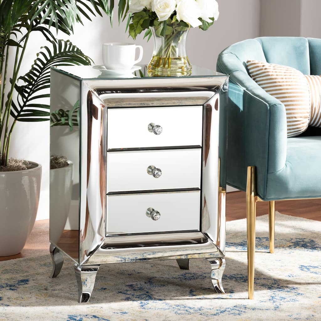 Mirrored Nightstand 3 Drawer Bedside Table Cabriole Legs Crystal Knobs 26" High