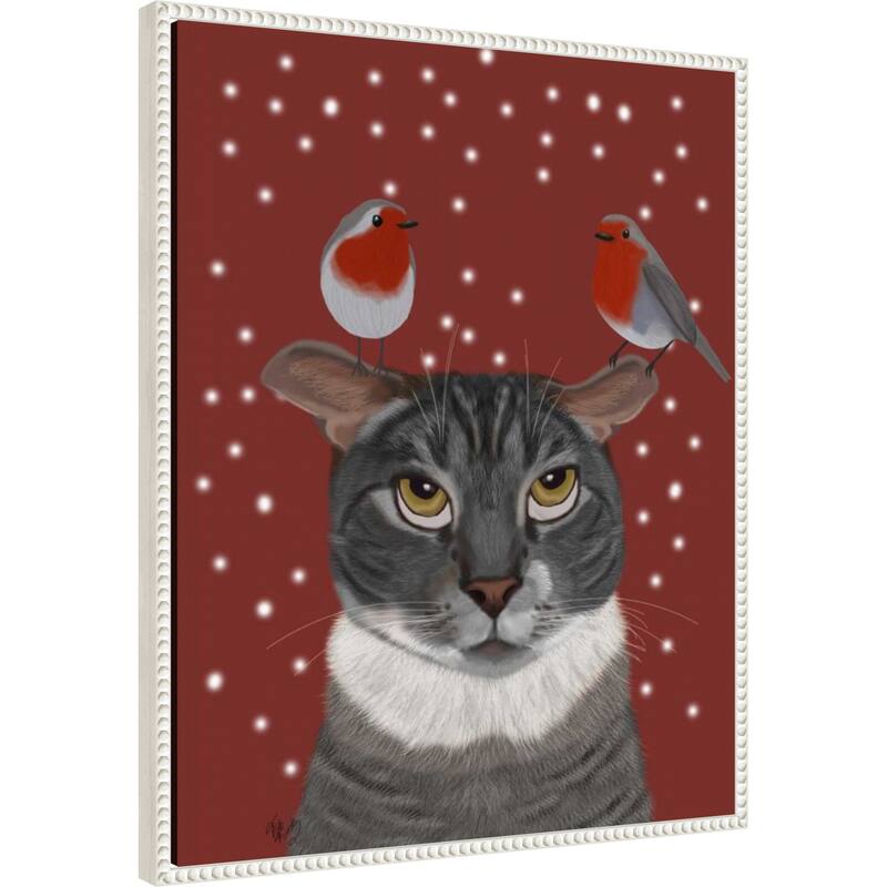 Grey Cat and Robins by Fab Funky (23 x 28 in.), Framed Canvas Wall Art Print - Sylvie Beaded White