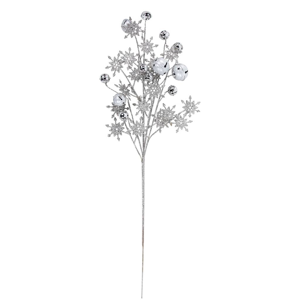 34" Silver Jingle Bells Glitter Snowflakes Artificial Christmas Spray