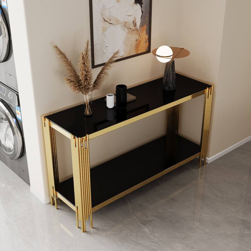 47.24" Metal Console Table with 2-Tier Stainless Frame - Gold+Black