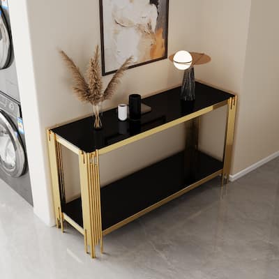 Top and Bottom Double Layer Tempered Glass Console Table and Mirror Finished Stainless Steel Frame