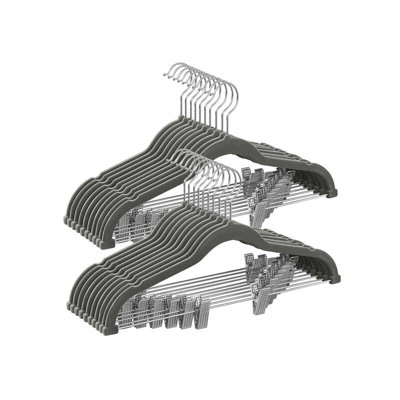 Modern Plastic Non-Slip Velvet Clothes Hangers with 2 Adjustable Clips Suitable for Trousers and Skirts - 20-Pack - Grey