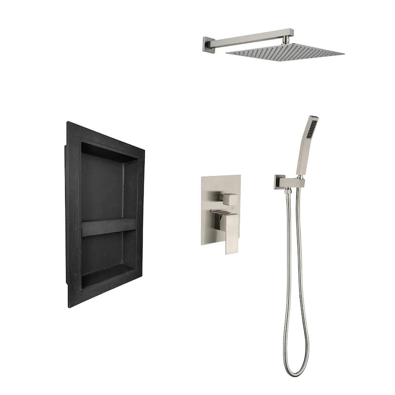 Shower System with rain shower head, hand shower head, water control valve, shower bracket, hose and niche - Brushed Nickel