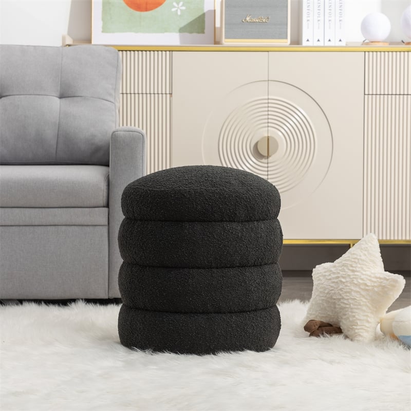 Soft Boucle Round Ottoman Footrest Stool - Black