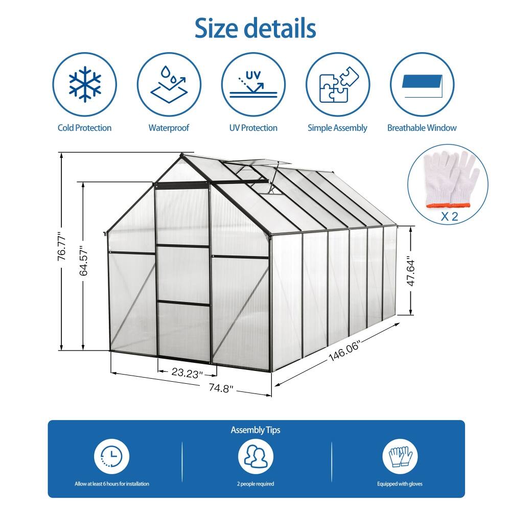 6×12 FT Black Raised Base and Anchor Aluminum Walkin Greenhouses for