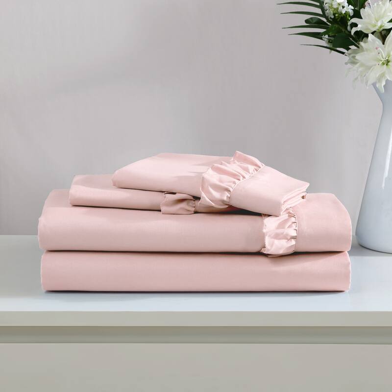 Home Essential Luxurious Silky Ruffle Hem Microfiber Bedding Sheet Set