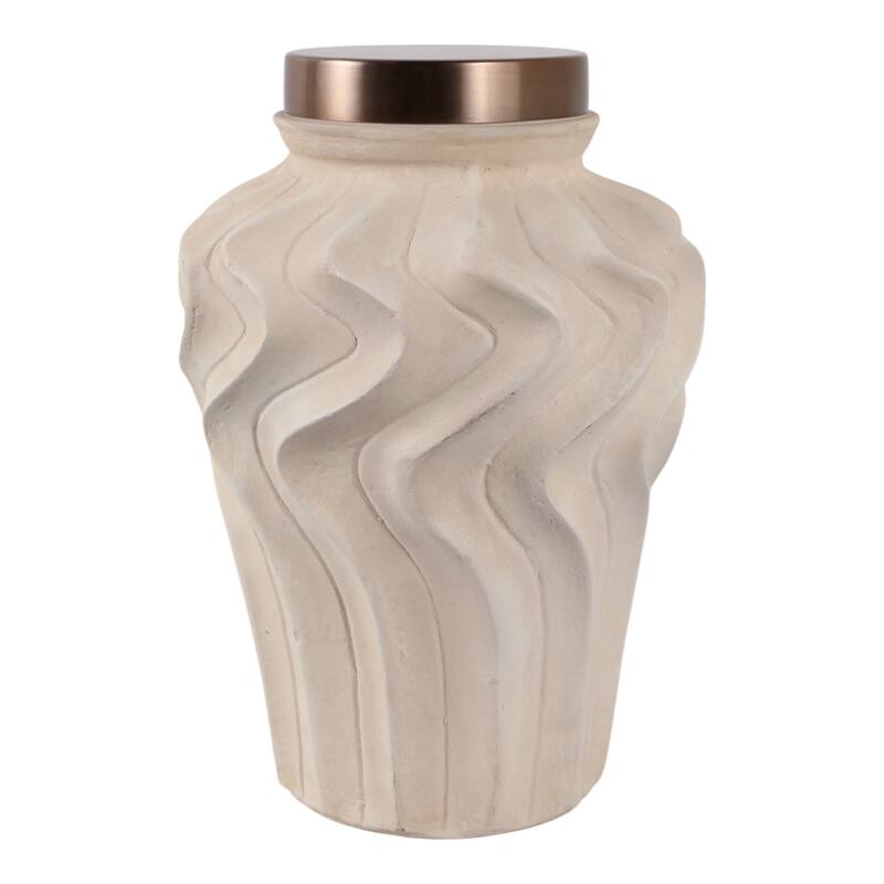 Pottery Jar Wavy Sculpted Tall with Metallic Lid Decorative Accent