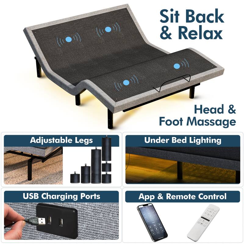 Renanim Adjustable Full Bed Frame with Hybrid Mattress, Dual Massage, USB Ports, App, Remote