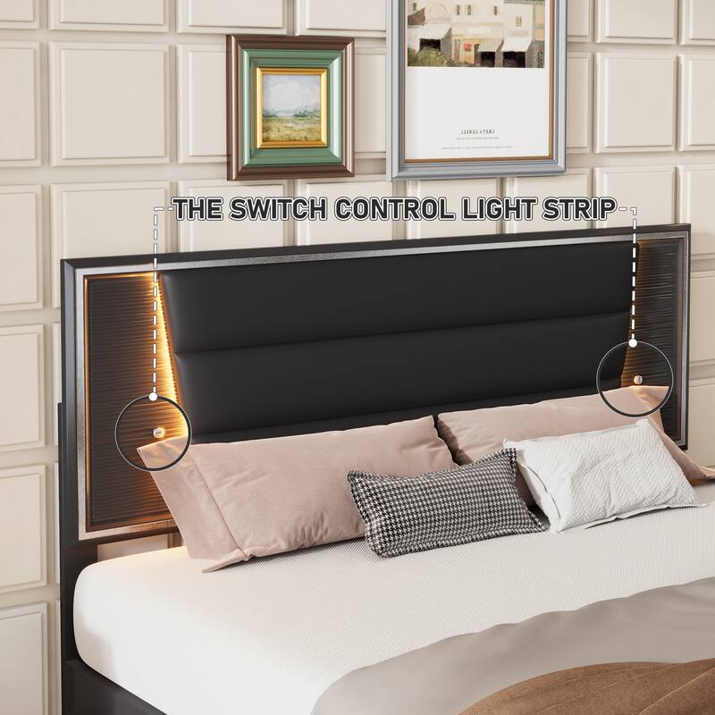 Queen Size PU Upholstered Bed with LED Light Strips